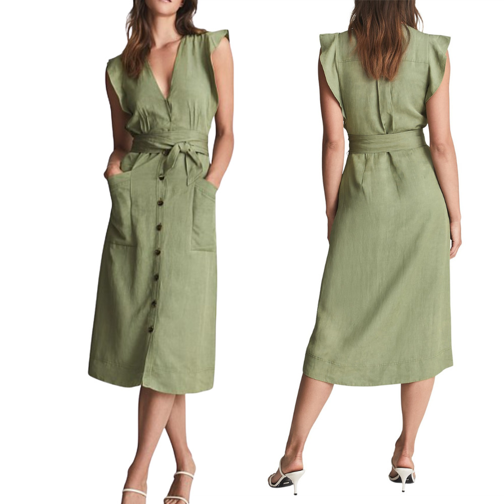 Reiss Emma-Plunge Frill Shoulder Dress New WIth Tags Size 4 Olive Green Linen